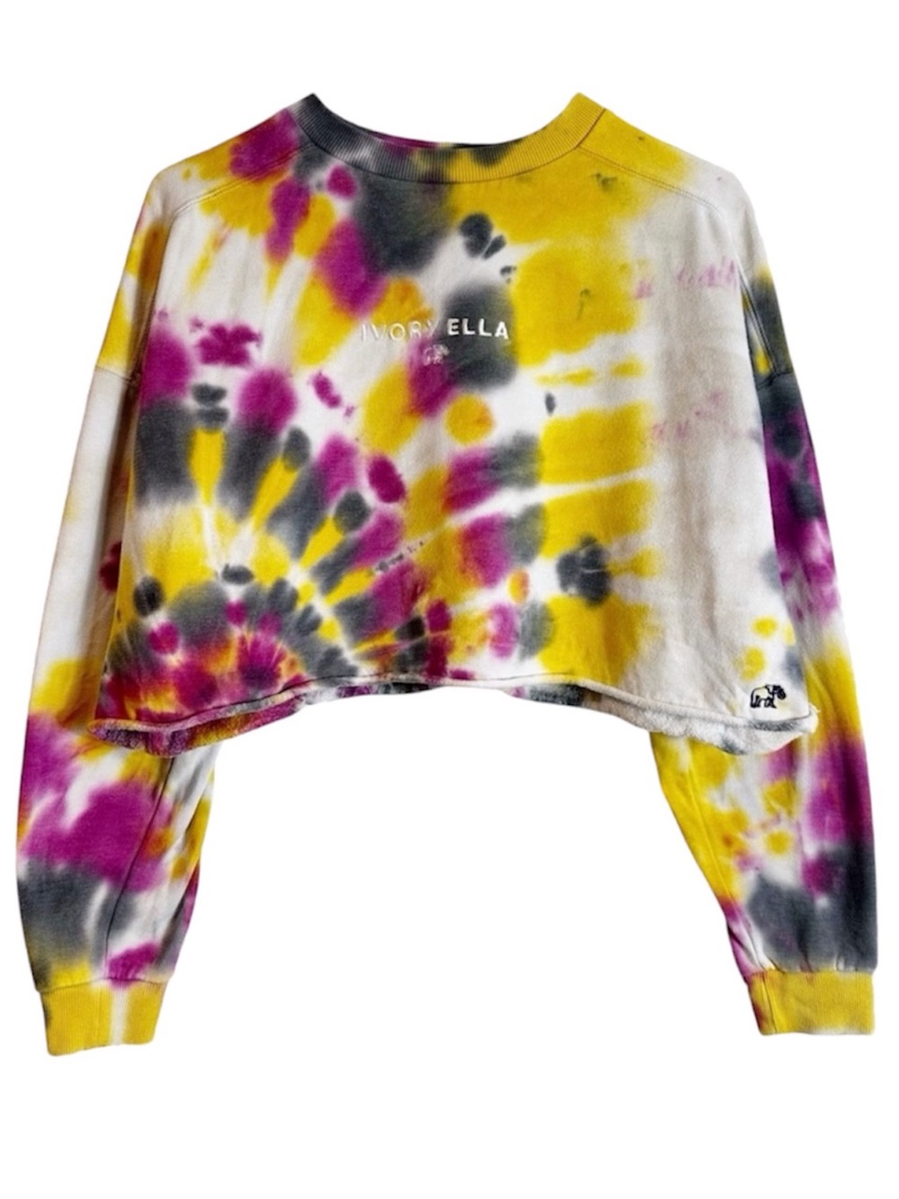 Ivory Ella Embroidered Elephant Boxy Cropped Tie Dye Pullover Sweatshirt